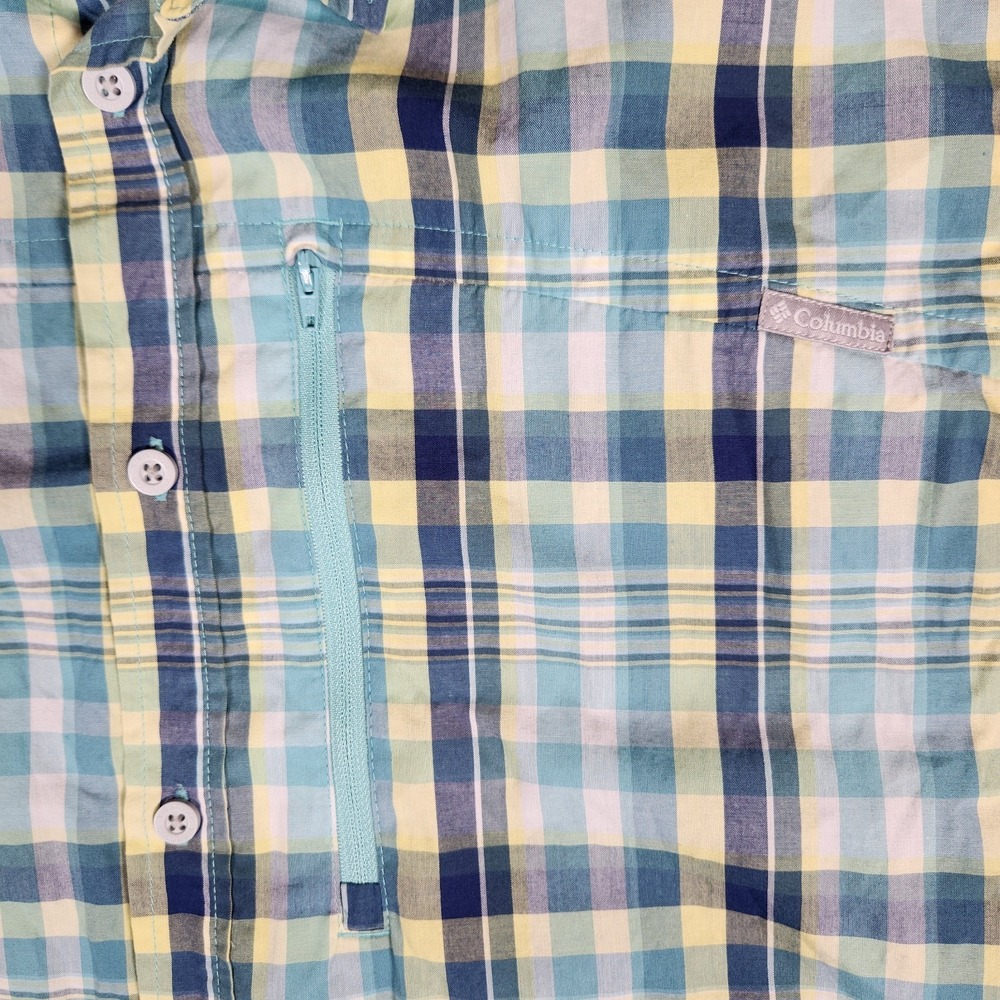 Columbia Shirt Men's Battle Ridge Short Sleeve Button‎ Front Green Yellow Plaid - Picture 3 of 15